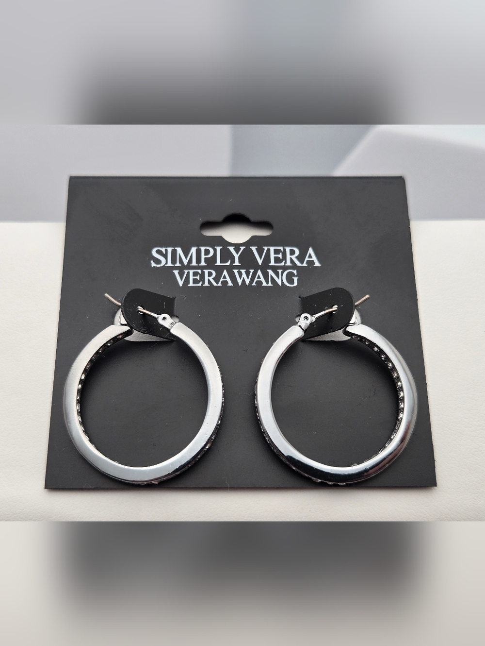 Simply Vera Vera Wang Silver Tone Hoop Earrings CZ Accent 1" Classic New